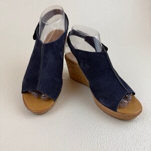 Mila Paoli Navy Suede Cork Wedge Platform Sandals Size 7.5